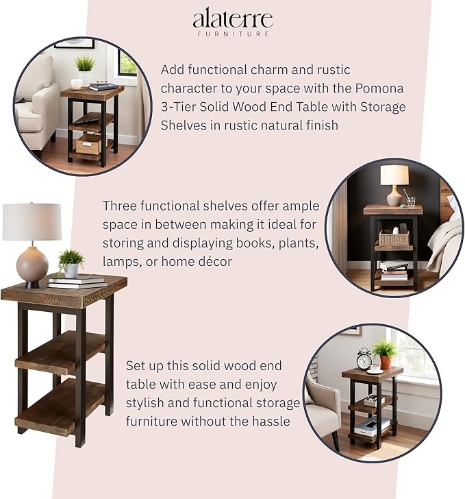 Alaterre Furniture Pomona Living Room Tables – 3-Tier Solid Wood End Table with Metal Legs & Storage Shelves – Modern Rustic Industrial Space-Saving Side Table or Nightstand (Rustic Brown)