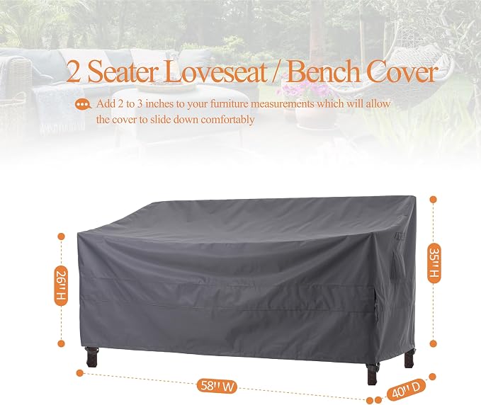 WJ-X3 2-Seater Outdoor Loveseat Covers, Heavy Duty Patio Couch Covers, Patio Sofa Covers Waterproof, High Wind Resistant Design for Outdoor Furniture Cover, 58W x 40D x 35H, Grey - Image 7