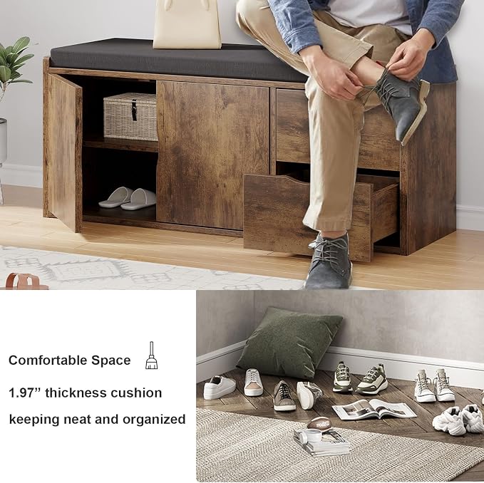 LVB Entryway Shoe Bench, Rustic Storage Bench with Cushioned Seating, Long Hidden Shoe Organizer Bench with 2 Drawers, Industrial Wooden Shoe Benchs in Hallway Living Room Bedroom, Rustic Brown, 40in - Image 6