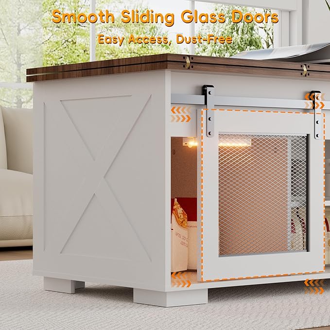 Upgraded Coffee Table with Lifting Top And Sliding Doors, Thick Panels, Industrial Metal Mesh Sides, Dual LED Accent Lights, Large Storage Center farmhouse square Table for Living Room, Cloud Drift