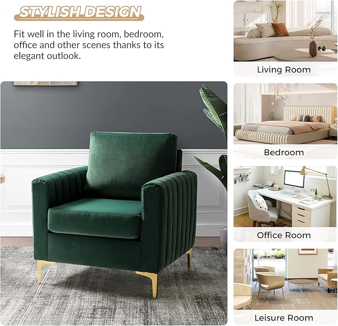 HULALA HOME Velvet Accent Club Chairs Set of 2, Modern Velvet Armchair Upholstered Accent Club Chairs Sofa Chairs with Gold Metal Legs Mid-Century Barrel Leisure Comfy Reading Armchair, Green