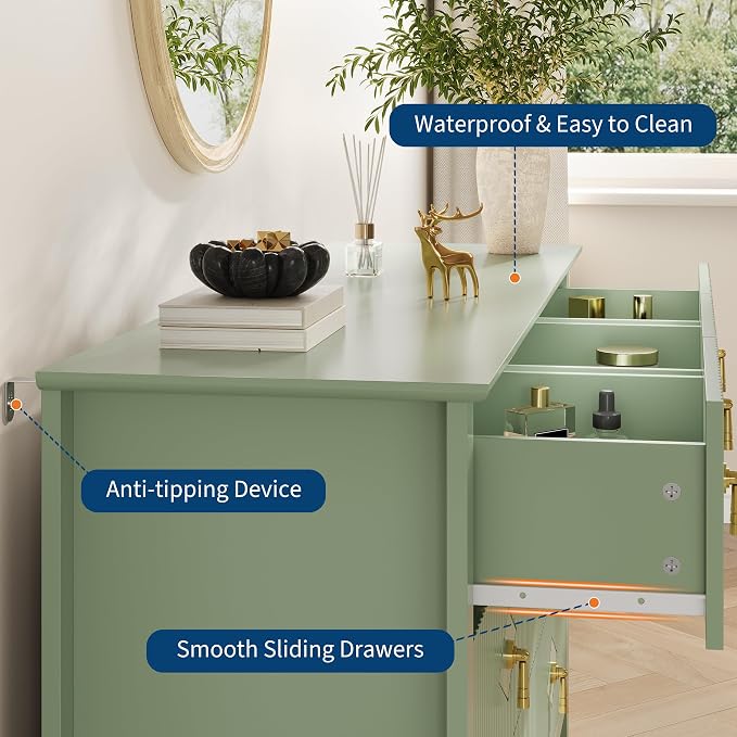 GarveeHome Fluted Dresser for Bedroom, 54 in Wide 7-Drawer Wood Dresser, Modern Chest of Drawers, Storage Organizer Cabinet for Living Room, Hallway, Entryway, Green - Image 4