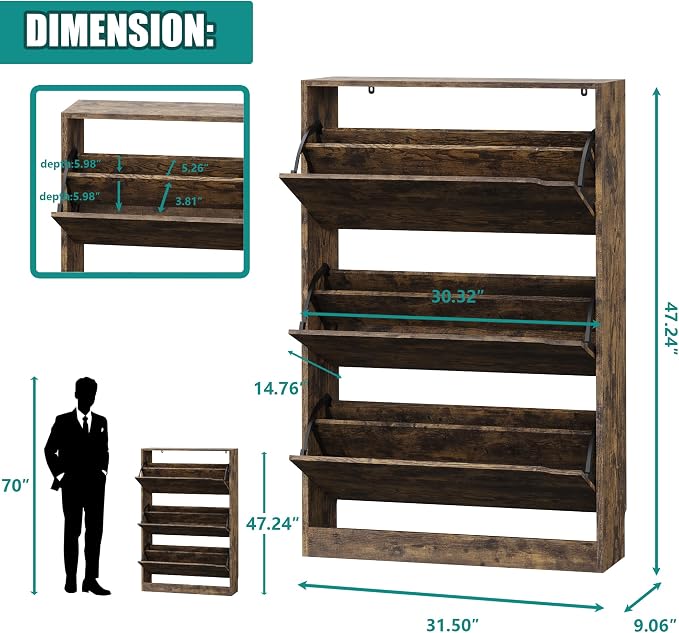Xixini Shoe Storage Cabinet for Entryway with 3 Flip Drawers, Sturdy Wood Hidden Shoe Storage, Freestanding Narrow Slim Shoe Organizer for Front Door Entrance, Living Room, Hallway, Bedroom, Brown - Image 2