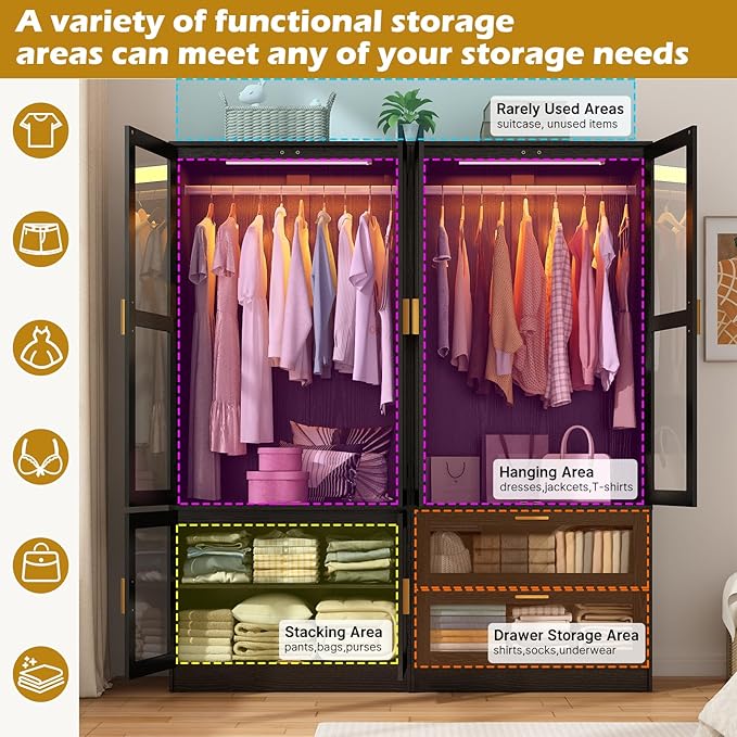 4 Doors Armoire Wardrobe Closet with LED and Mirror,71" H Freestanding Wooden Wardrobe Closet Cabinet for Bedroom w 2 Drawers,Wooden Clothing Storage Cabinet w Hanging Rod,Closets for Bedroom(Black)