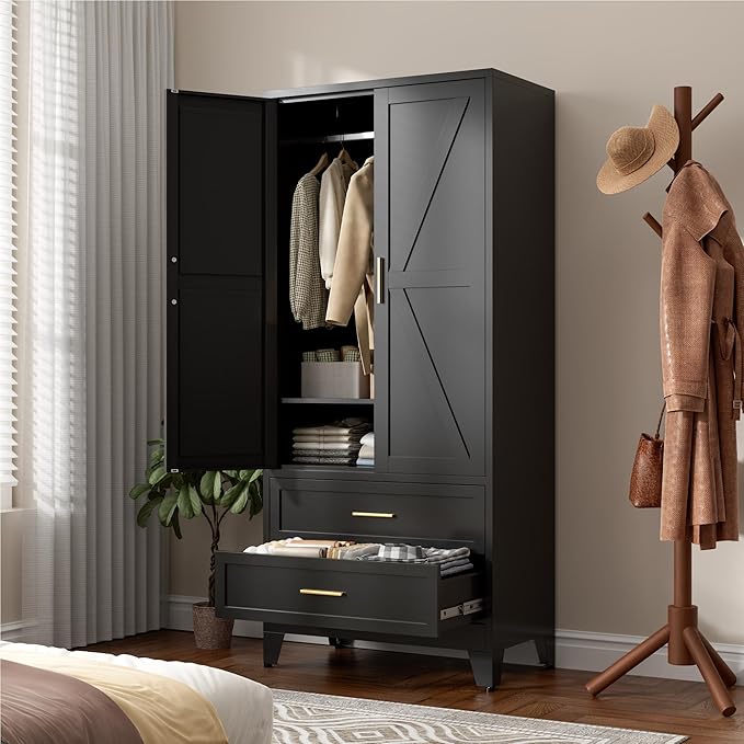 LCAOPC 71" Tall Metal Wardrobe Cabinet with 2 Drawers and Hanging Rod, 2 Doors Armoire Wardrobe Closet with Shelf for Bedroom, Office, Laundry Room, Black