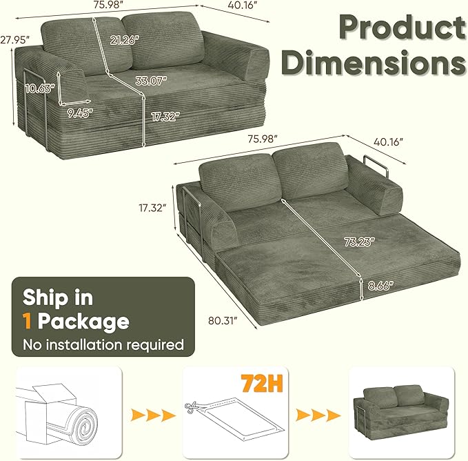 Homall 4-in-1 Convertible Sofa Bed, Oversized Boneless Couch with 4 Frame Kits and Removable Armrests, Corduroy Sleeper Sofa with 2 Pillows for Small Space, No Assembly Required (Green)
