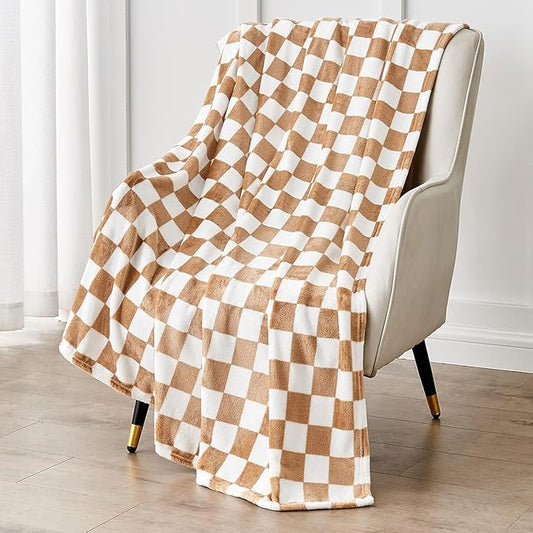 Edenleaf Checkered Blanket Flannel Throw Blankets Soft Cozy Checkered Grid Print Chessboard Gingham Pattern Throws for Bed Sofa Couch for All Seasons, 50x60 Inch, Blonde