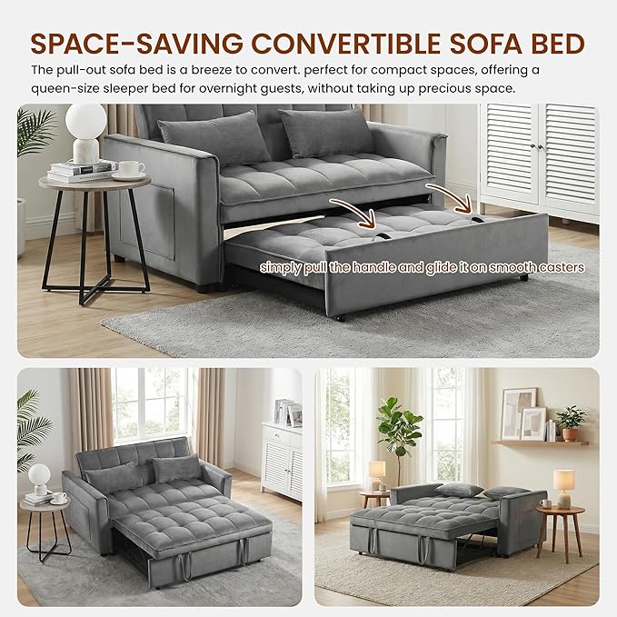 Convertible Sofa Bed 3 in 1 Pull Out Loveseat Sleeper Couch with Adjustable Backrest, Side Pocket, Two Pillows for Apartment, Dorm Room, Bedroom and Small Space | Velvet Fabric