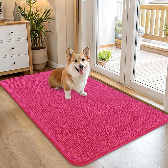 OLANLY Dog Door Mat for Muddy Paws 45x27, Absorbs Moisture and Dirt, Absorbent Non-Slip Washable Doormat, Quick Dry Chenille Mud Mat for Dogs, Entry Indoor Entryway Carpet for Inside Floor, Hot Pink by OLANLY