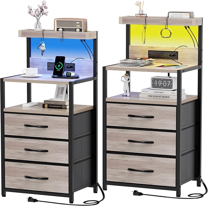 SZLHANJZ Nightstand Set of 2, Large Night Stand with LED Lights and Charging Station, 39-Inch Tall Bed Side Tables with Shelves, 3 Fabric Drawers Bedside Table for Bedroom, Greige by SZLHANJZ