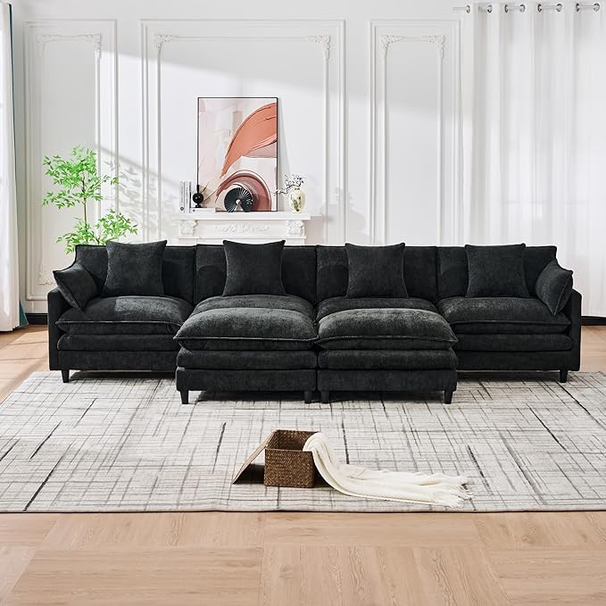 Eafurn 141" Oversized Modular Sectional Sofa with Movable Ottoman, 6 Seater Modern Chenille Reversible Sofa Set, Large Convertible U Shaped Couch for Living Room Apartment