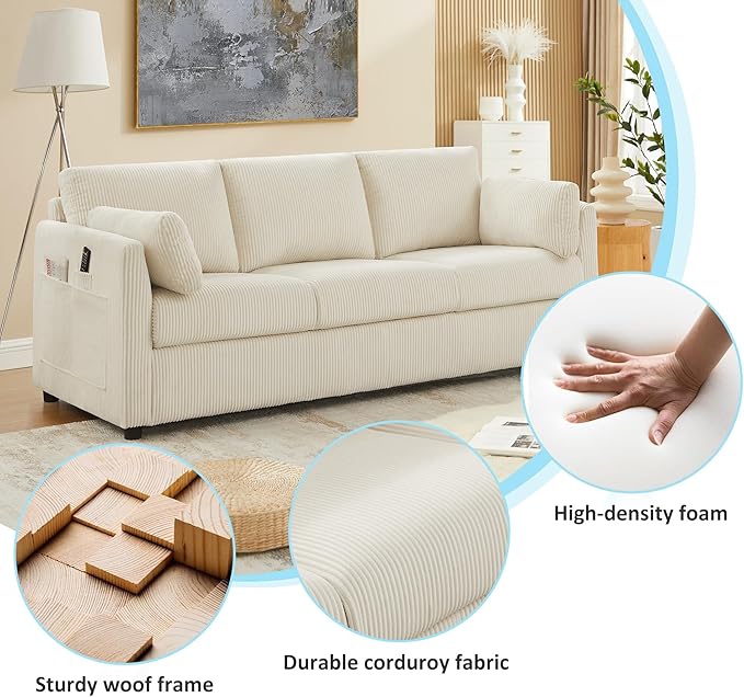 3 Pieces Corduroy Living Room Sofa Sets, 3-Seater Couch with Set of 2 Reading Armchairs, Comfy Pillows and Storage Pockets, Modern Living Room Furniture Sets for Apartment, Small Spaces, Beige