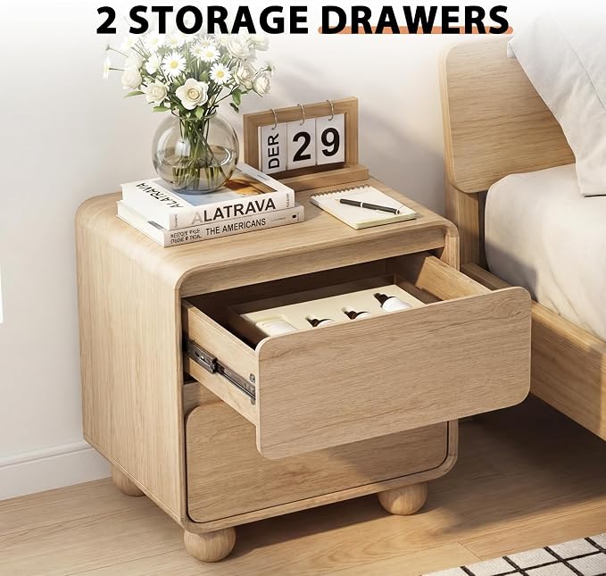 Small Night Stand Set of 2, Mid Century Modern Nightstands with 2 Drawers and Solid Wood Legs, 2 Drawer Dresser Curved Profile Design End Table Side Table for Small Space, Dorm, Bedroom(Natural) - Image 4