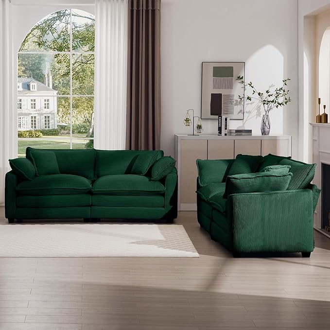 KEIKI 2-Piece Sofa Set with 2 Oversized Corduroy Loveseat Sofa, Upholstered Modern 4-Seater Corner Couch Set with 8 Pillow, High-Density Foam Cushions, Removable Armrests, for Living Room, Green