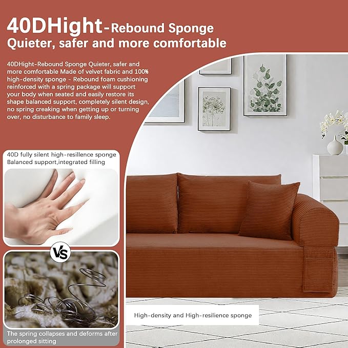 83" Modern Sofa in a Box, No Assembly Oversized 3 Seater 28" Deep Seat Cloud Sofa Bed Couch with 4 Furry Pillows & Corduroy Fabric, Boneless Couch with Side Storage Pockets for Living Room, Orange
