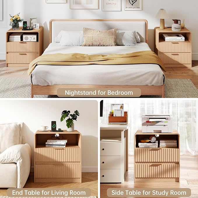 Fluted Nightstand, Bedside Table with Charging Station, Wooden End Table with 2 Drawers Storage and 1 Open Shelf, Modern Night Stand for Bedroom, Wood Dresser for Natural Oak - Image 8