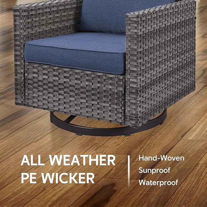 5 Piece Wicker Patio Furniture with Fire Pit Table - Outdoor Conversation Set with 50,000 BTU Fire Pit, All Weather Rattan Patio Set for Deck Backyard Garden - Grey Wicker Blue Cushion