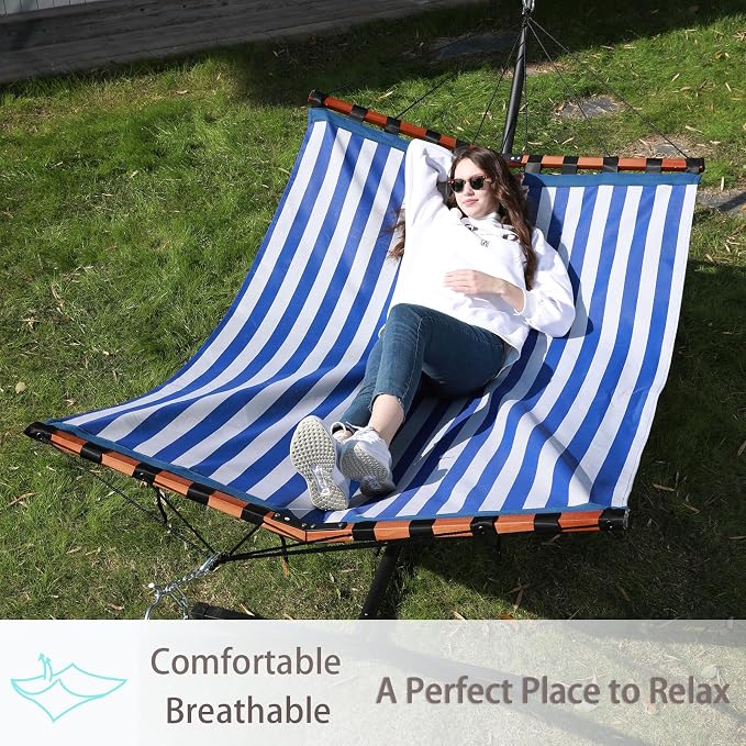 TegerDeger 12FT 2 Person Hammock Large Hammock Quick Dry 450LB Capacity with V Shaped Hardwood Spreader Bar & Nylon Rope for Outside, Patio, Garden, Backyard, Beach, Poolside - Blue Stripes - Image 2