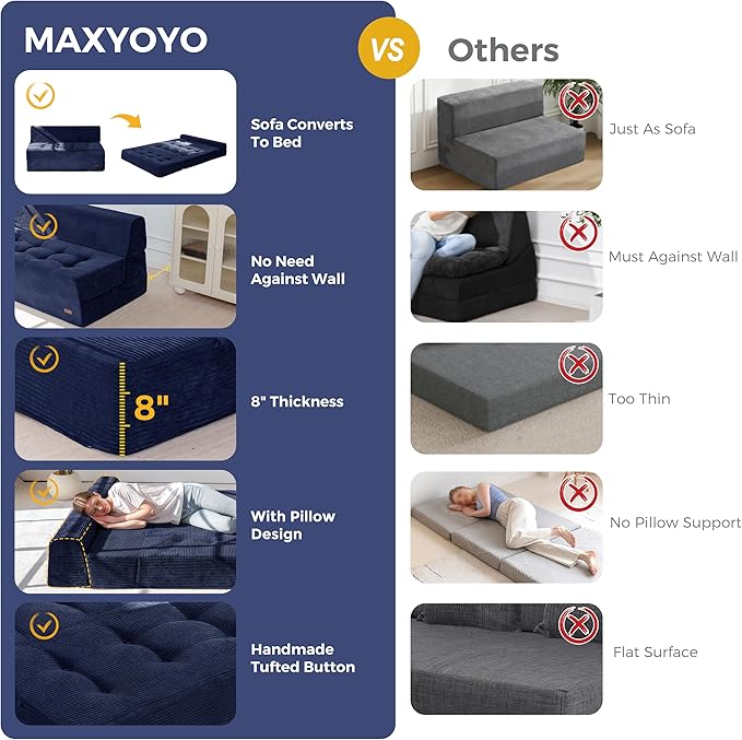 MAXYOYO 8" Folding Sofa Bed, Convertible Sleeper Sofa Lounger Foldable Mattress, Wedge Shape Floor Couch Tufted Fold Out Chair Bed Comfy Floor Couch Lounge for Living Room Bedroom, Loveseat, Navy