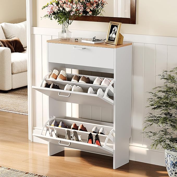 VINGLI Set of 2 Shoe Cabinet Storage for Entryway, Ultra Slim Shoe Organizer with 2 Flip & 1 Drop-Down Drawers, 2-Pack Narrow Shoe Cabinet 24.8" W for Front Door, Freestanding Modern White Shoes Rack - Image 3