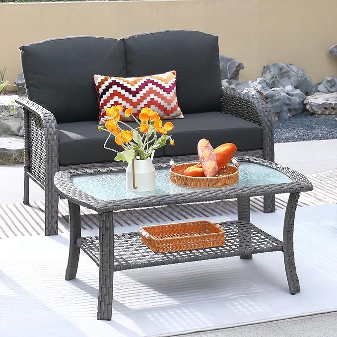 ovios 2-Piece Patio Furniture Set, Outdoor Wicker Sofa with Coffee Table, High Back Rattan Couch Loveseat with Comfy Cushions for Porch Yard Deck, Black