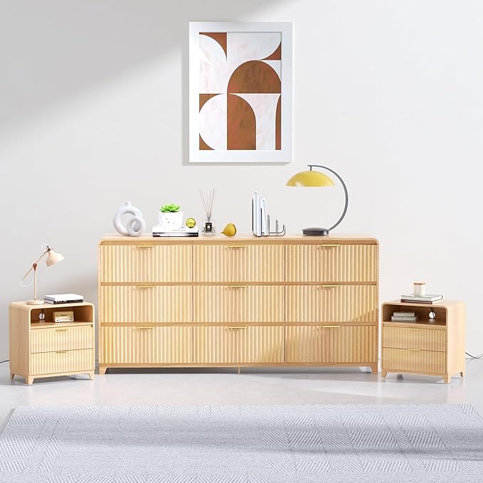 3 Piece Bedroom Furniture Set 9 Drawer Fluted Dresser & 2 Nightstand Sets with Metal Handle, Charging Station & Storage Cabinet, Modern Design for Bedroom/Living Room, Natural