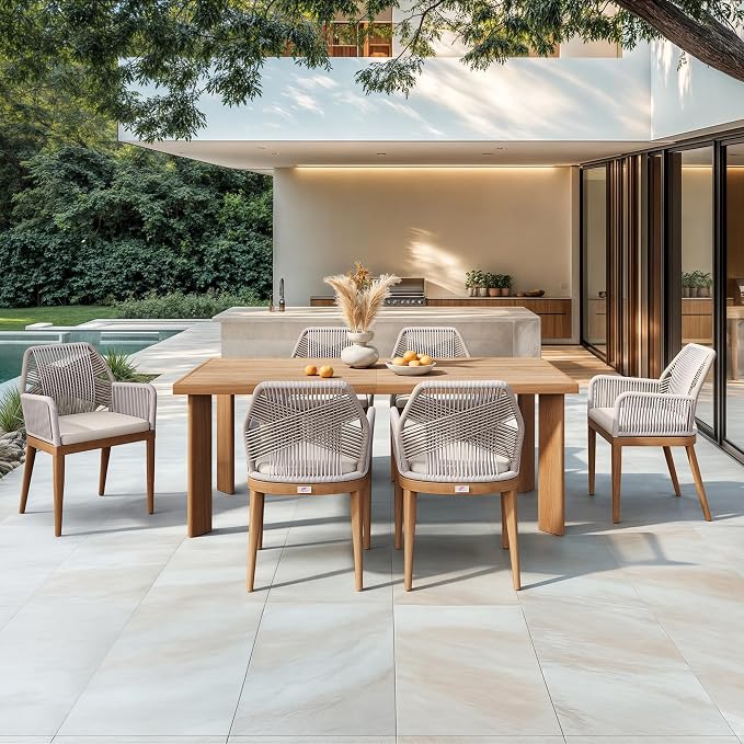 PURPLE LEAF 7 Pieces Patio Dining Set Aluminum Rectangular Table and Rattan Arm Chairs with Cushions for Kitchen Porch Garden Modern Outdoor Furniture Sets by PURPLELEAF