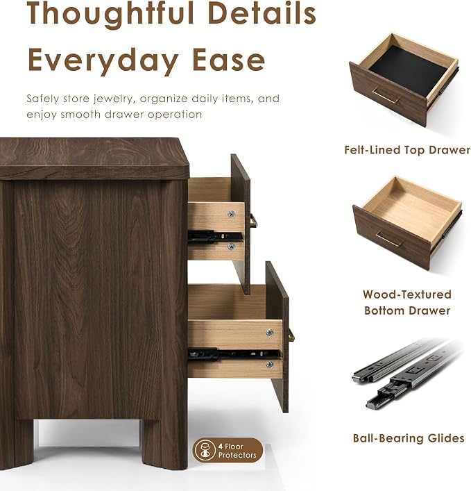 24/7 Shop at Home Sawer Modern 23-inch Wood Nightstand Set of 2 with 2 Drawers and USB Ports, Wooden Night Stand for Bedroom, Apartment, Small Bedside Table, Walnut - Image 5