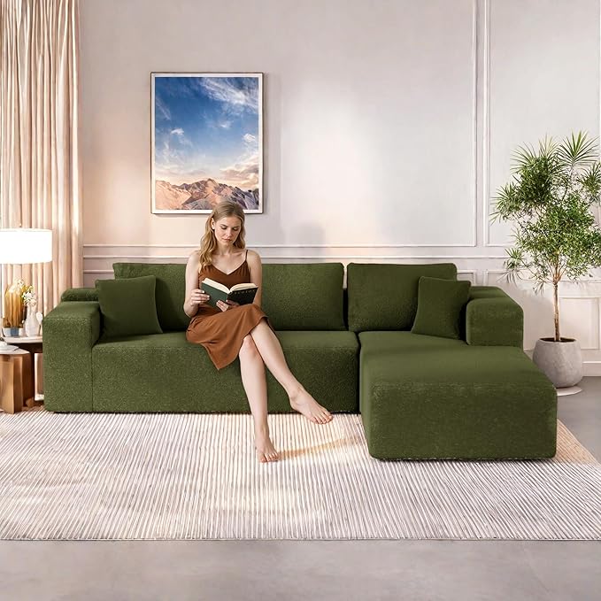 105" Cloud Sectional Couch with L-Shape Chaise,Modern Modular Sofa with Deep Seat, Fluffy Boneless Couches for Living Room Bedroom,No Assembly Required, Green (Plush Wool Fabric)