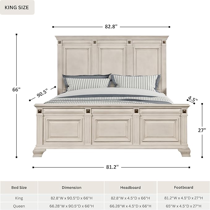 Roundhill Furniture Renova Distressed Parchment Wood Bedroom Set, King Panel Bed, Dresser, Mirror, Nightstand, Chest