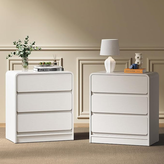 RoyalCraft White 3 Drawer Nightstand Set of 2, Modern Night Stand with Storage, Wood End Table with Curved Design, Small Dresser for Bedroom, Home Office, Entryway by Bringyoubetterlife