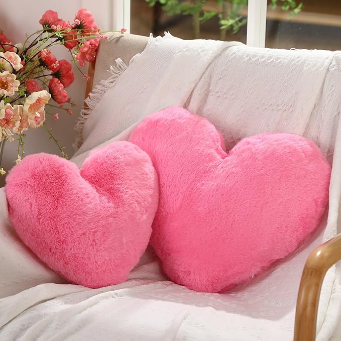 Marsui 2 Pcs Heart Throw Pillows, Soft Fluffy Faux Fur Decorative Hearts Shaped Pillows for Living Room Sofa Bed, Cute Heart Themed Gift for Women(Peach Pink,11.81 x 11.02, 16.73 x 13.78 Inch)