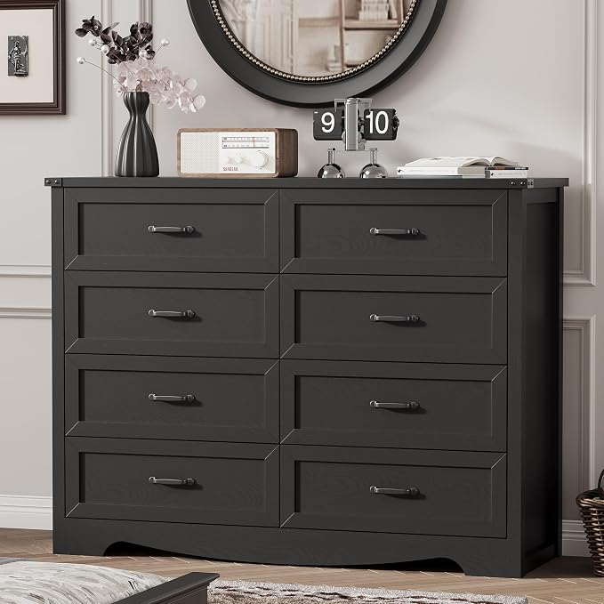 Dresser for Bedroom with 8 Drawers, 48" Wide Wood Chest of Drawers with Deep Drawers & Mental Handle, Modern Dresser TV Stand, Wooden Closet Storage Organizer for Living Room, Hallway, Entryway, Black by Xixini