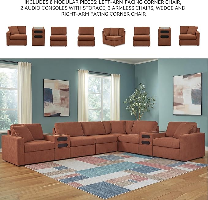 Signature Design by Ashley Modmax Contemporary Stain Resistant Right-Arm Facing 8-Piece Sectional with Audio Consoles, Armrest, Throw Pillows, Reversible Cushions and USB Port, Orange