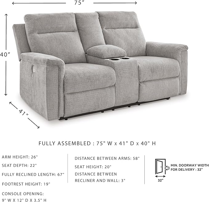 Signature Design by Ashley Barnsana Minimalist Power Reclining Loveseat with Console and USB Charging Ports, Light Gray