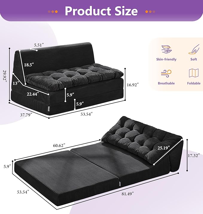 Hobestluk Sofa Couch Folding Sofa Bed Sleeper Comfy Floor Lounger Loveseat Sofa with Removable Cushion Couches Foldable Mattress for Living Room Bedroom or Office (Cordury Black, Oversize)