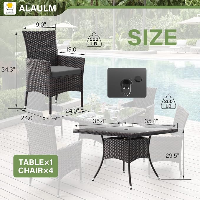 ALAULM 5 Piece Patio Dining Set All-Weather Wicker Outdoor Furniture Set w/Tempered Glass Tabletop, Removable Cushions and Umbrella Hole for Patio, Backyard, Garden, Poolside（Grey） - Image 2