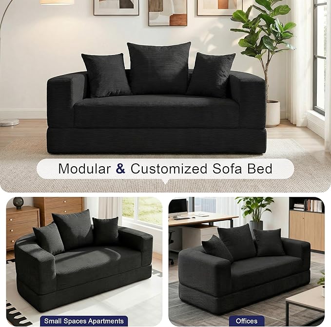 Casaphoria Modern Futon Sofa Bed,67 Inch Wide Folding Couch with Wide Armrests and Pillows,Convertible Lounger for Apartment,Guest Room,Daybed(Black)