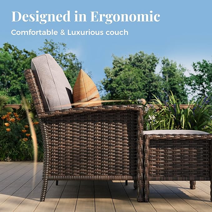 5-Piece Wicker Patio Furniture Set with Swivel Chairs, High Back Outdoor Furniture with 5.5-inch Thick Cushion and Ottoman, All-Weather Wicker Patio Conversation Set for Deck Yard Pool, Grey