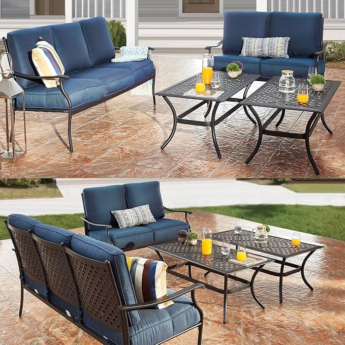 PatioFestival Patio Conversation Set 6 Pieces Metal Outdoor Furniture Seating Sets with Blue Thick Cushions, Rocking Chairs & Coffee Table & Loveseat