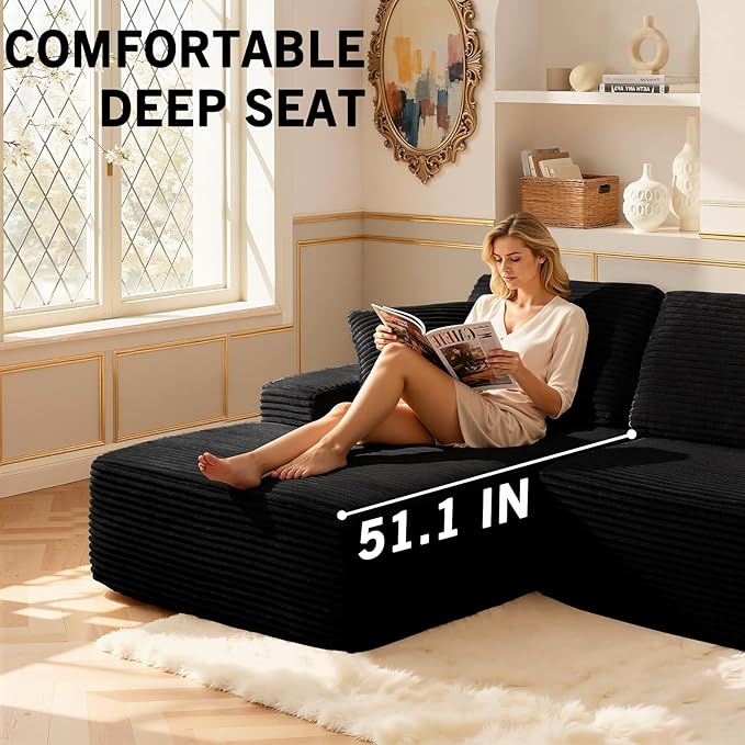 109.4” Modular Sectional Sofa, Convertible Sofa Bed, No Assembly Required Cloud Couch with Deep Seat, Modern L-Shaped Boneless Sofa for Living Room (Black)