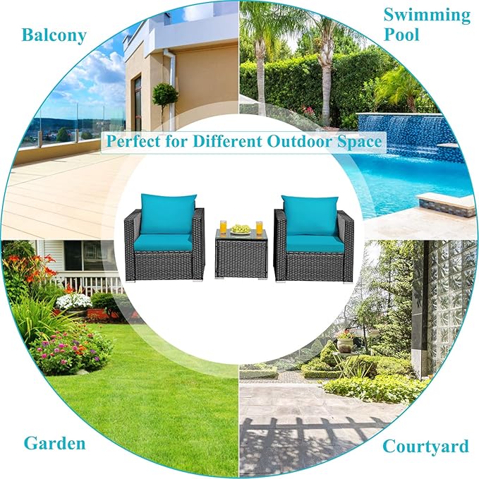 Tangkula 3 Pieces Patio Furniture Set, PE Rattan Wicker Sofa Set w/Washable Cushion Cover and Tempered Glass Tabletop, Outdoor Conversation Furniture for Garden