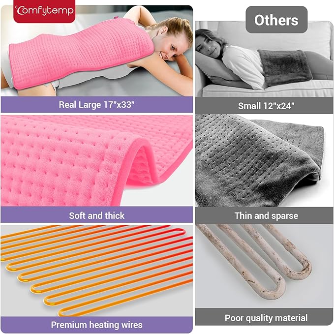 Comfytemp Extra Large Heating Pad for Back & Period, 33''x 17'' Electric Heating Pads for Neck/Shoulder, FSA Eligible Electric Throw, Mothers Day Gifts for Mom Women, Washable, Auto Shut Off, Pink