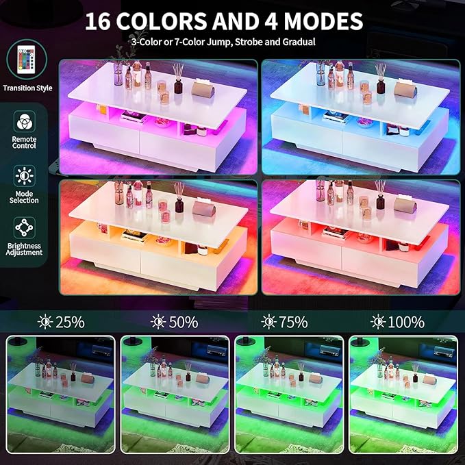 DWVO LED Coffee Table with Storage 4 Drawers, Modern High Glossy Coffee Tables for Living Room, White Rectangle Coffee Table Small Center Table with Open Display Shelf & Sliding Drawers, White