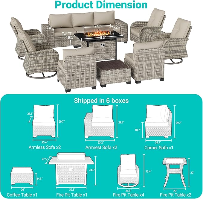 13-Piece Outdoor Patio Furniture Set with Rocking Swivel Chair, PE Wicker Rattan Sectional Sofa Patio Conversation Set with 55,000 BTU Fire Pit Table & Coffee Table, Sand