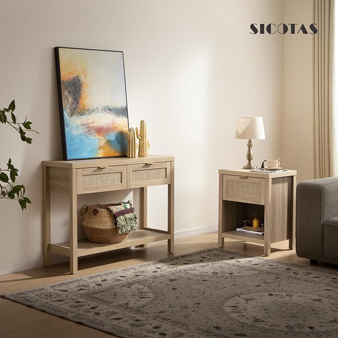 SICOTAS Night Stand with Charging Station - Rattan Nightstand with Type-C and USB Ports, Farmhouse Boho Bed Side Table with Drawer and Open Shelf for Bedroom Small Space, Light Oak - Image 8