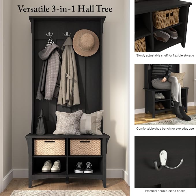 Bush Home Salinas Hall Tree with Shoe Storage Bench in Vintage Black, Multi-Purpose Home Organizer, Entryway Solution with Seating and Hooks - Image 4
