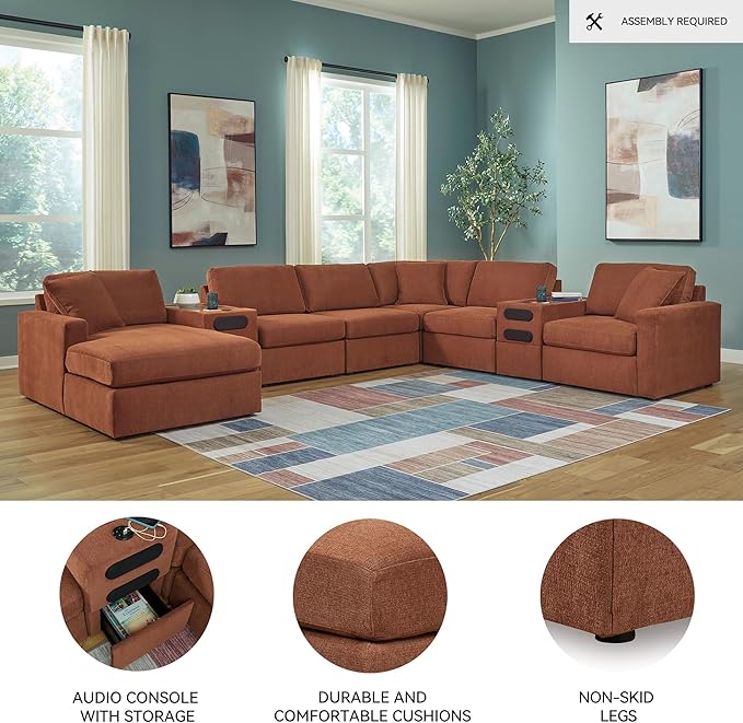 Signature Design by Ashley Modern Modmax Stain Resistant U-Shape Right-Arm Facing 8-PC Sectional with Chaise and Audio Consoles, Orange