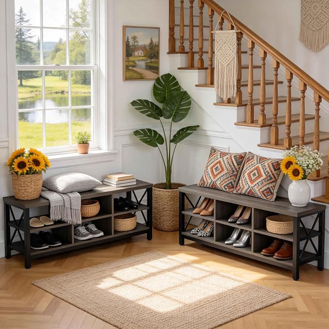 FATORRI Shoe Bench Entryway with Storage, Industrial Wood and Metal Hallway Benches with Adjustable Shelves, Rustic Entry Way Bench for Living Room (47.24 Inch Long, Walnut Brown) - Image 3