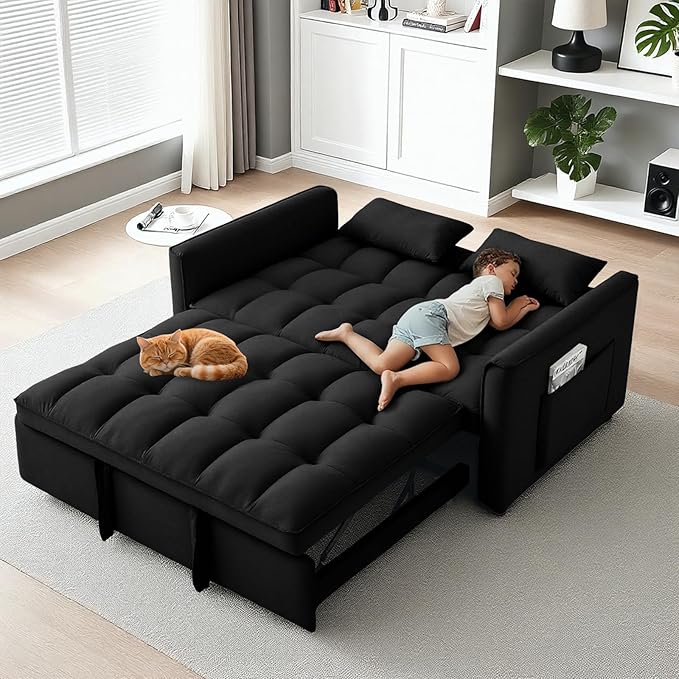 3 in 1 Pull Out Sofa Bed, 52.75" Sleeper Sofa Bed with 3-Level Adjustable Backrest, Velvet Fabric Loveseat Sleeper Couch for Living Room & Bedroom & Apartment & Dorm Furniture, Black